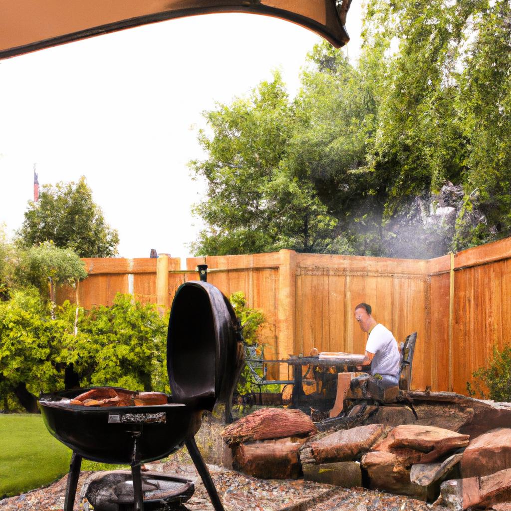 Person grilling in backyard oasis