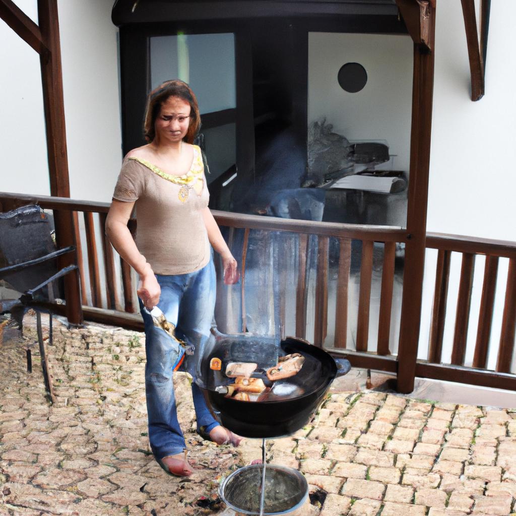 Woman grilling on covered patio