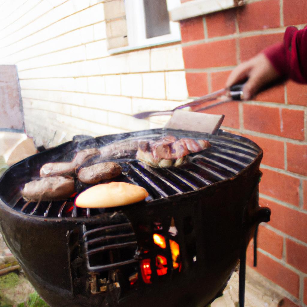 Person grilling food in backyard