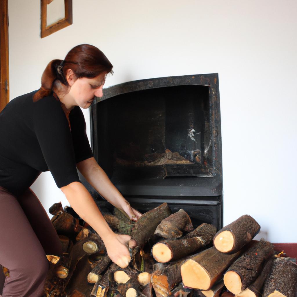 Woman arranging logs in fireplace