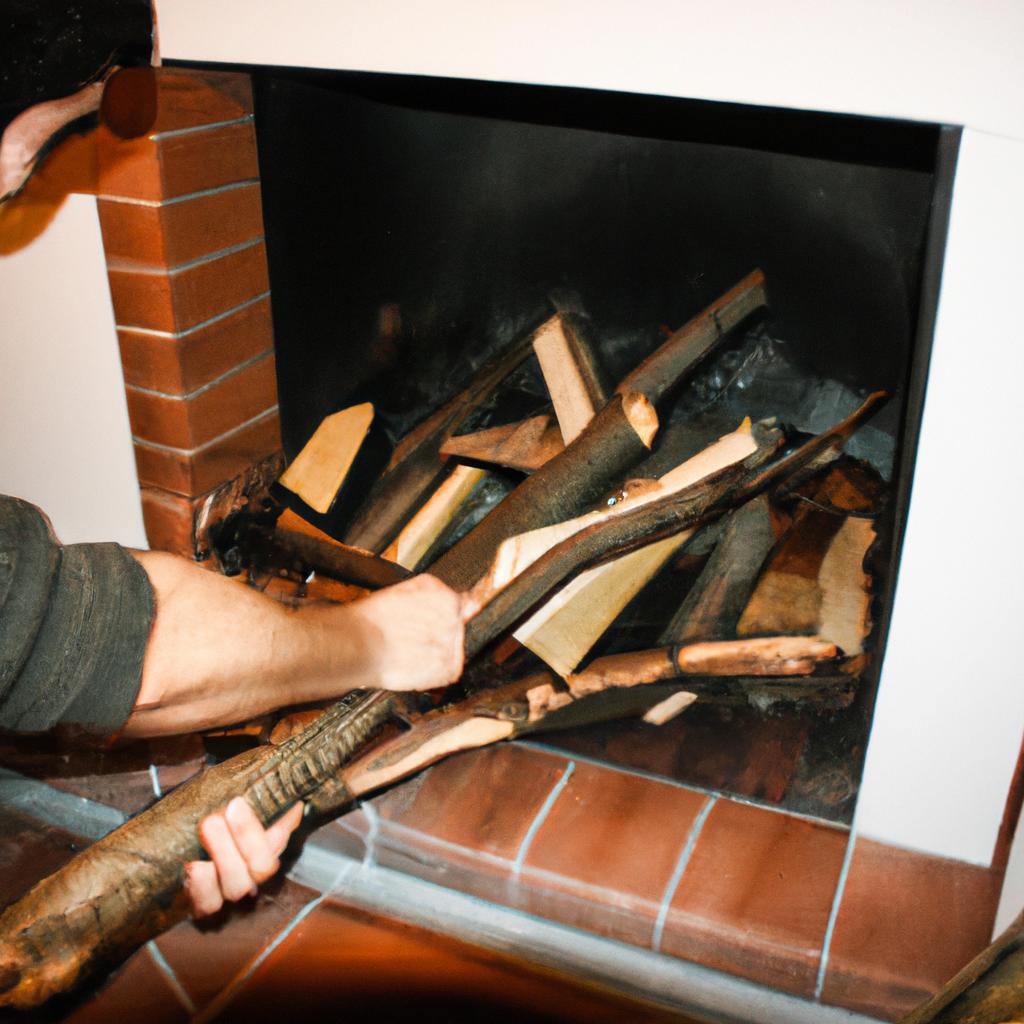 Person arranging logs in fireplace