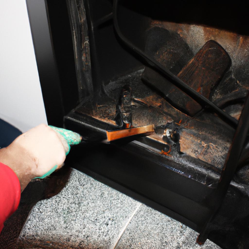 Person cleaning fireplace with tools
