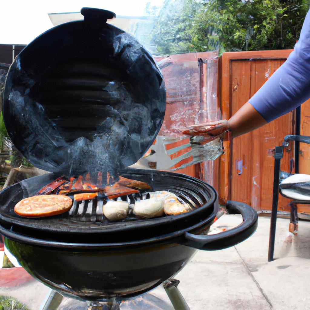 Person grilling in backyard setting