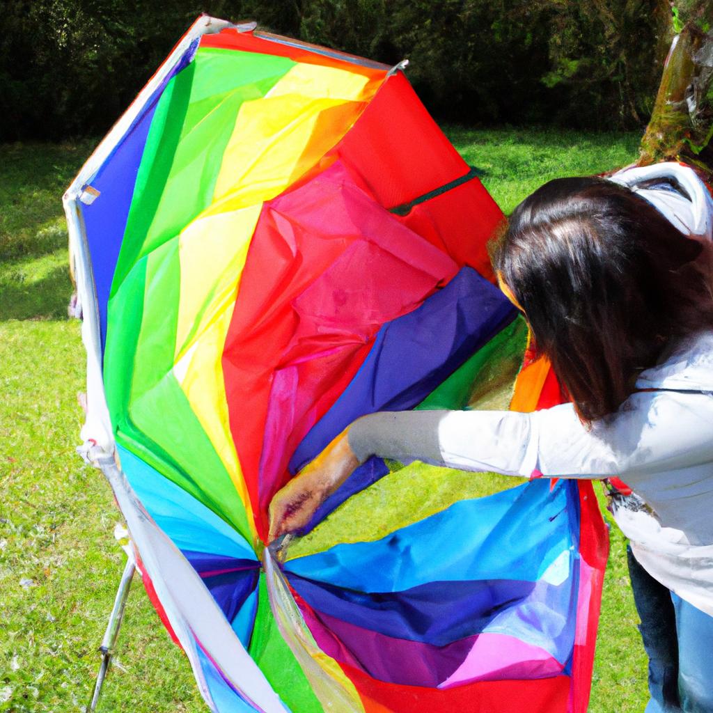 Woman opening colorful outdoor umbrella